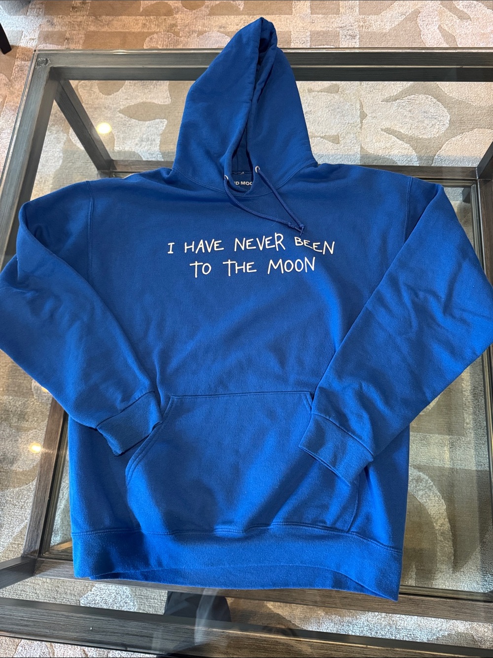 Bold Blue Graphic Hoodie - I Have Never Been to the Moon